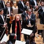 Conductor John Storgårds applauds composer Kaija Saariaho at Symphony Hall. 